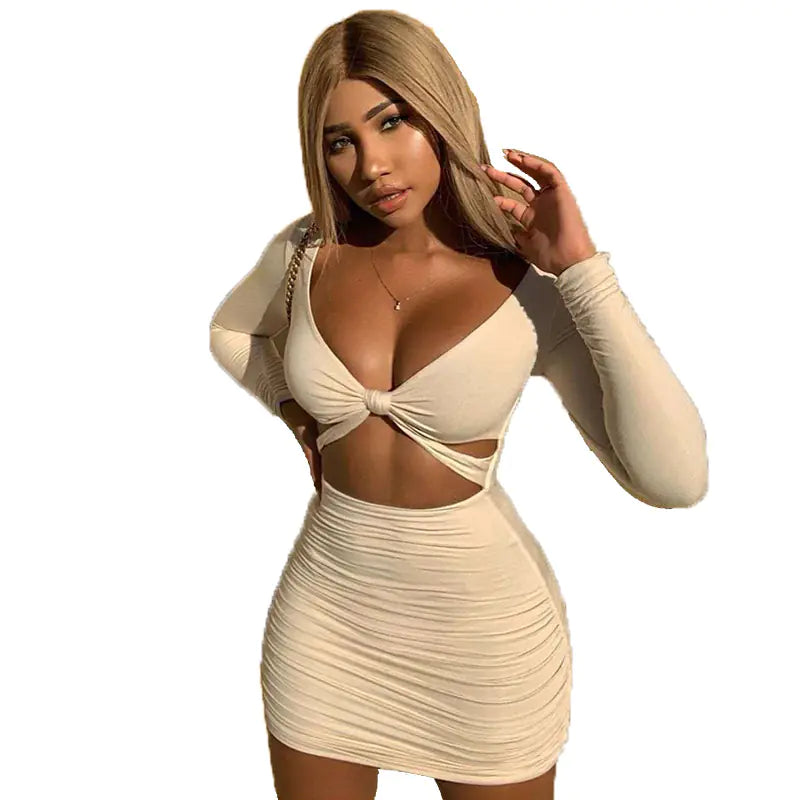 Sexy Long Sleeve Pleated Mini Party Dresses
