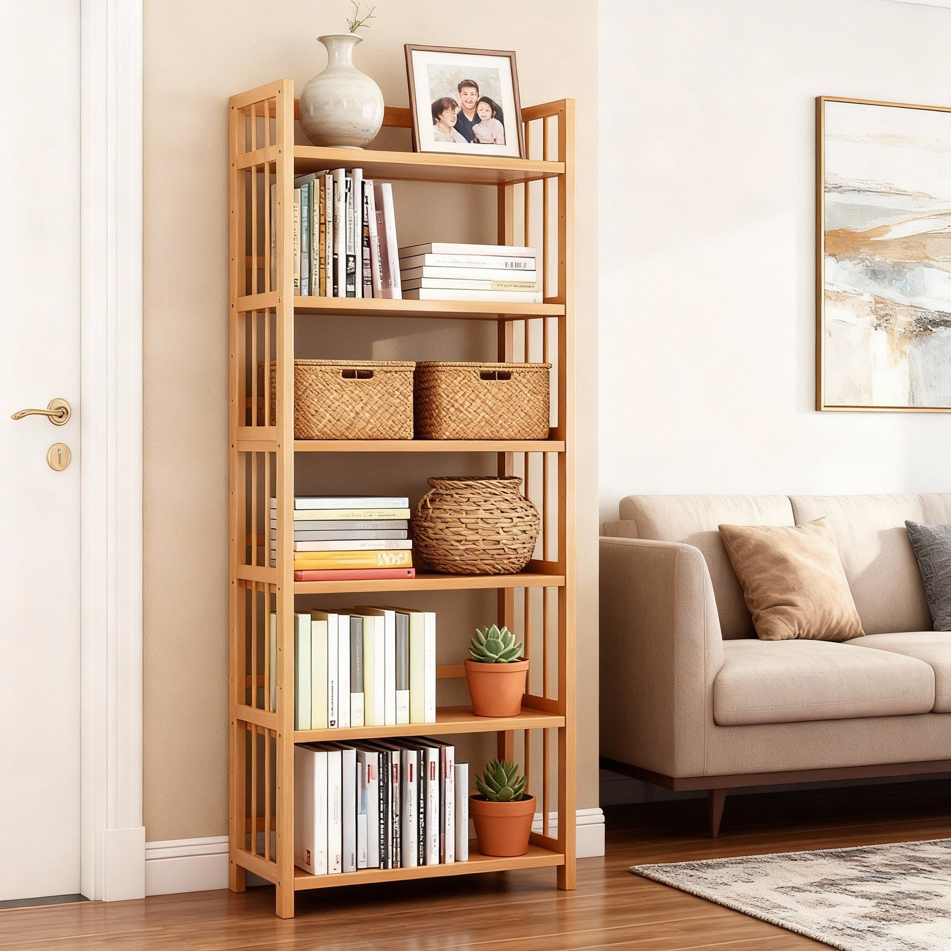 Tall, narrow light-brown bamboo bookshelf featuring 6 tiers of adjustable shelving in a minimalist living room.