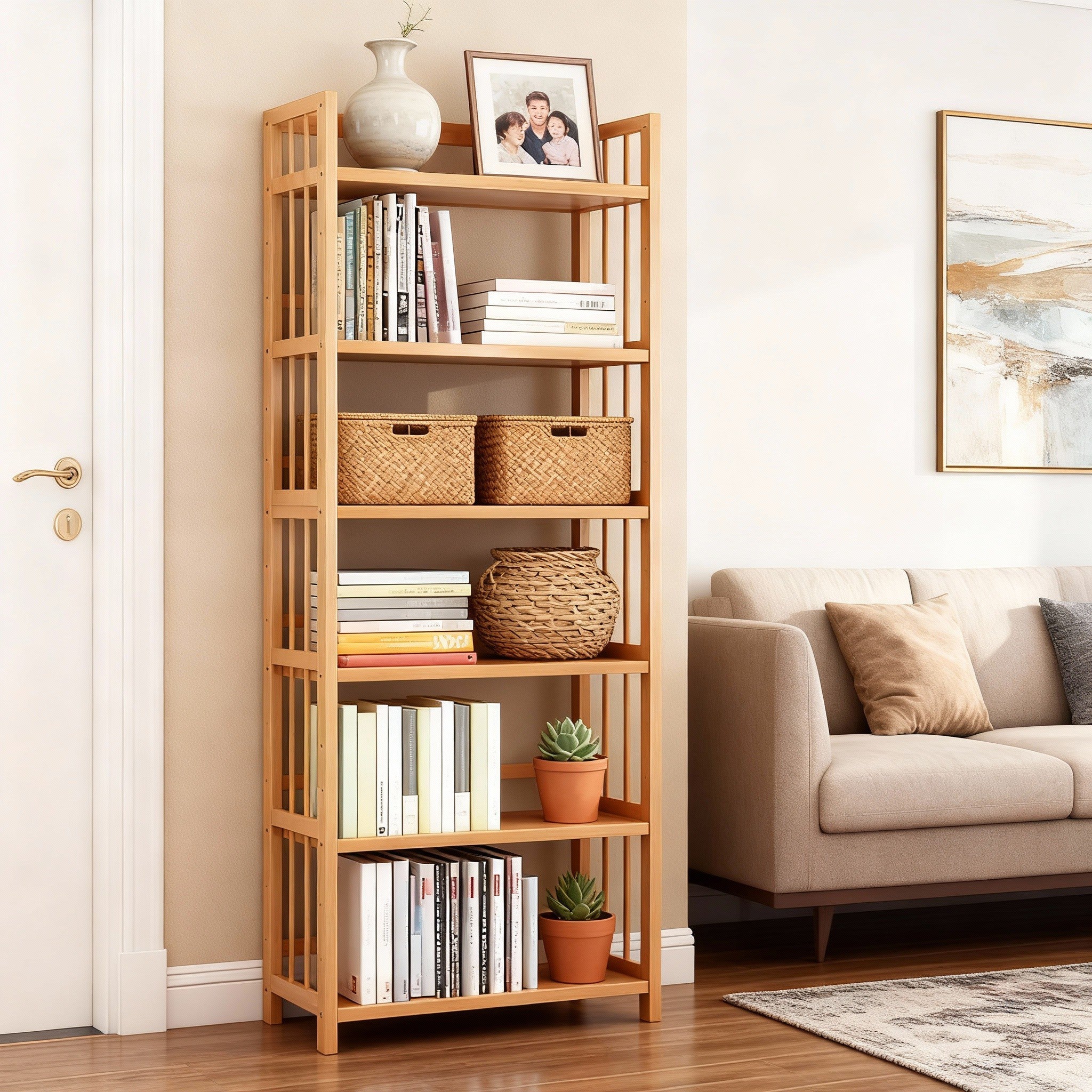 Tall, narrow light-brown bamboo bookshelf featuring 6 tiers of adjustable shelving in a minimalist living room.