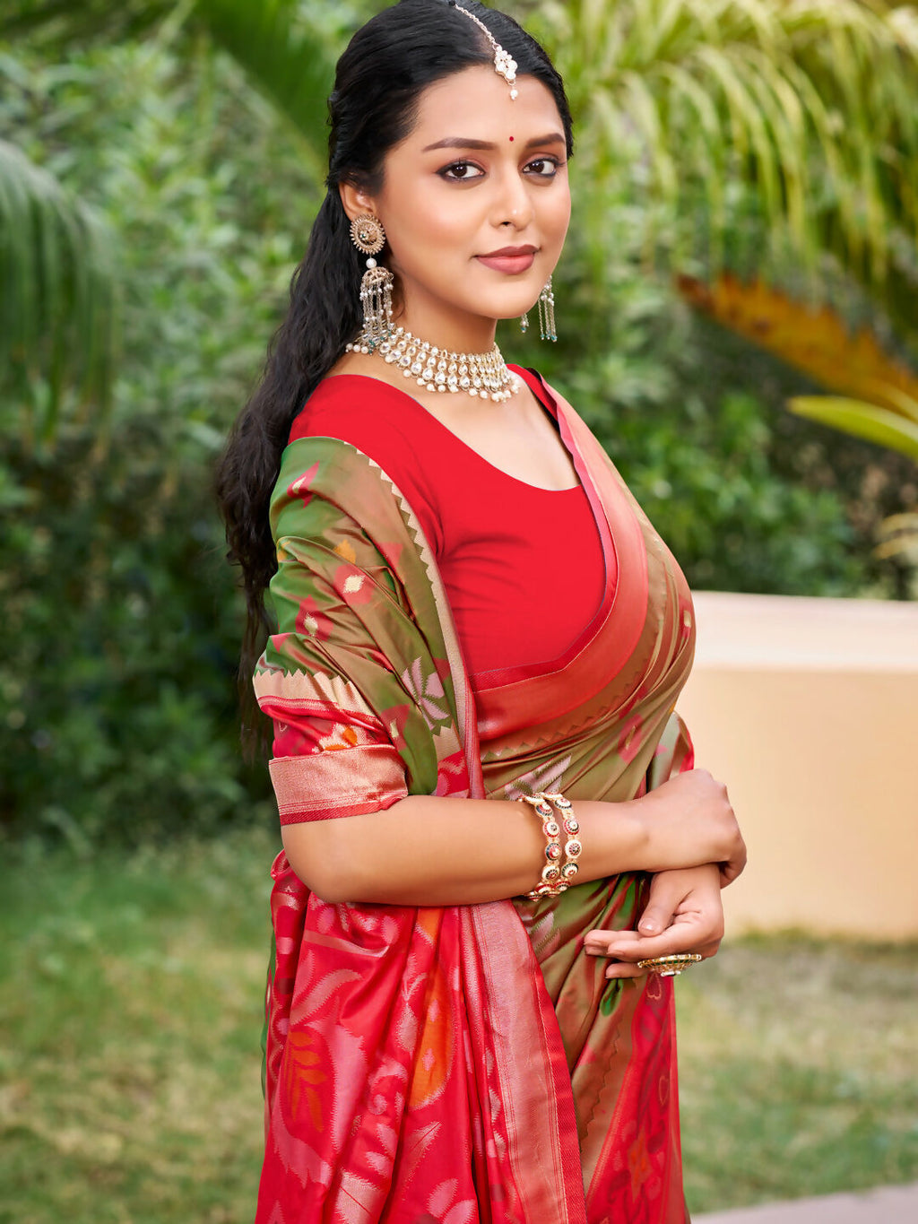Mehndi Pochampally Silk Saree with Matching Silk Blouse