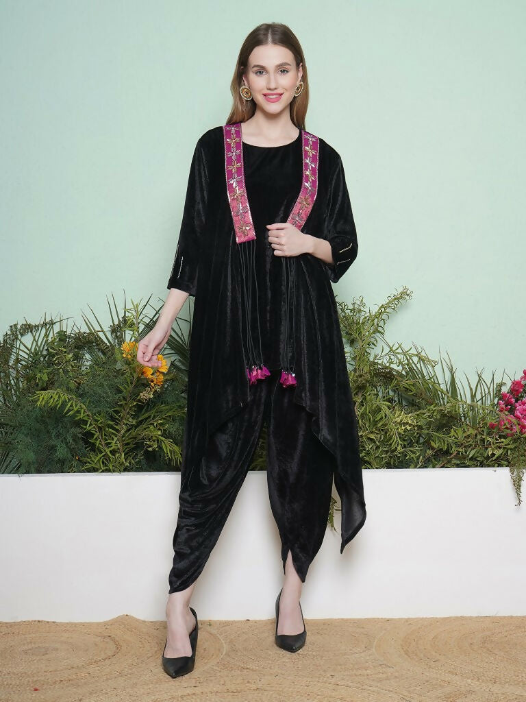Black Dhoti Salwaar Set with Hand Embellished Velvet Jacket