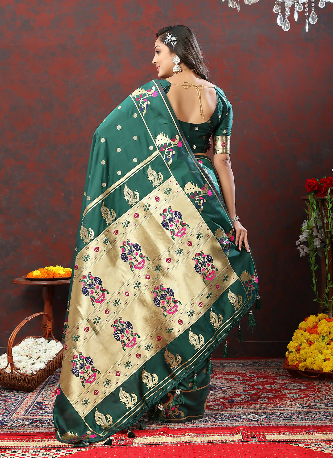 Green Soft Paithani Silk Saree with Gold Zari Meenakari Weaving