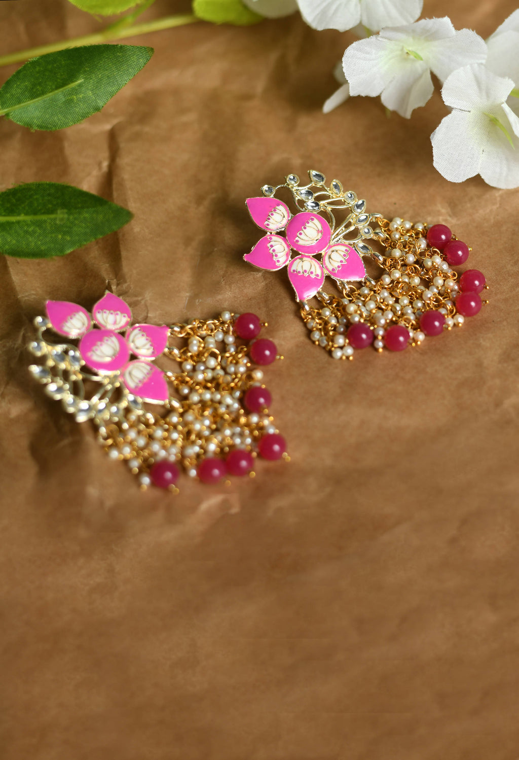 Gold-Polished Kundan Pink Meenakari Earrings for Weddings