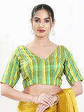 Joban Fashion Green Multi Brocade Padded Blouse With V Neck Elbow Sleeves