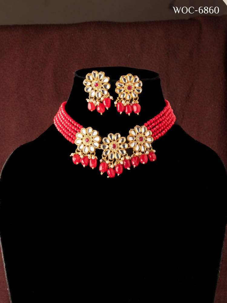 Red Beaded Pearl Gold-Polished Necklace Set for Women