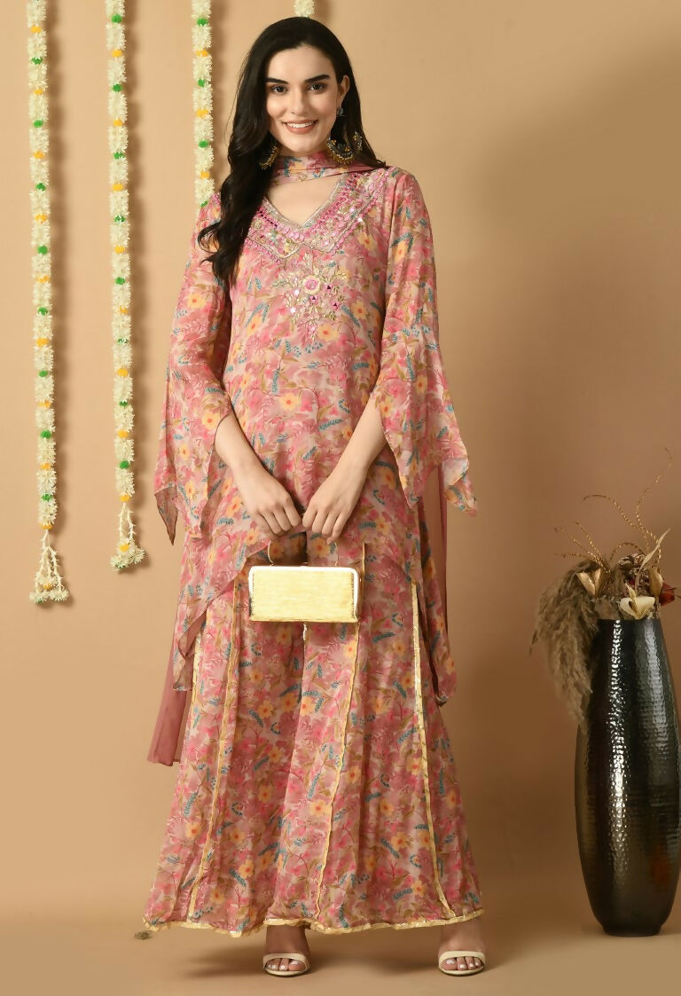 Rose Gold Chinnon Kurta Set with Organza Dupatta