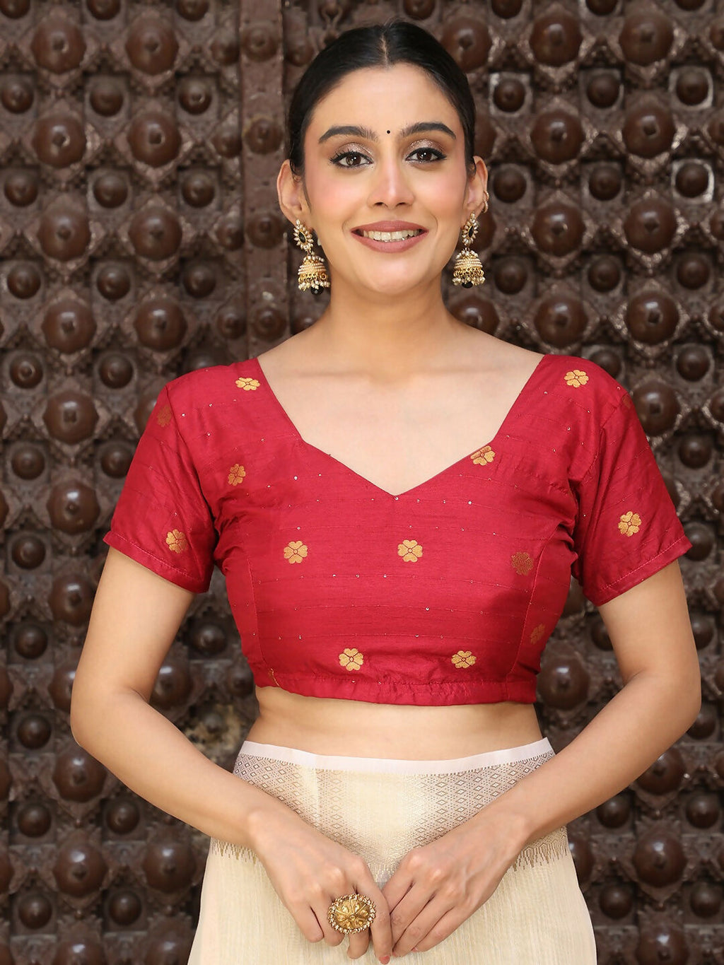 Peach Cotton Saree with Red Contrast Blouse
