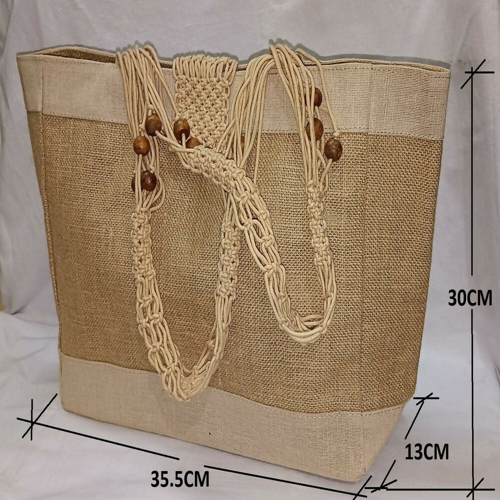 Eco-Friendly Jute Handbag with Decorative Wooden Beads