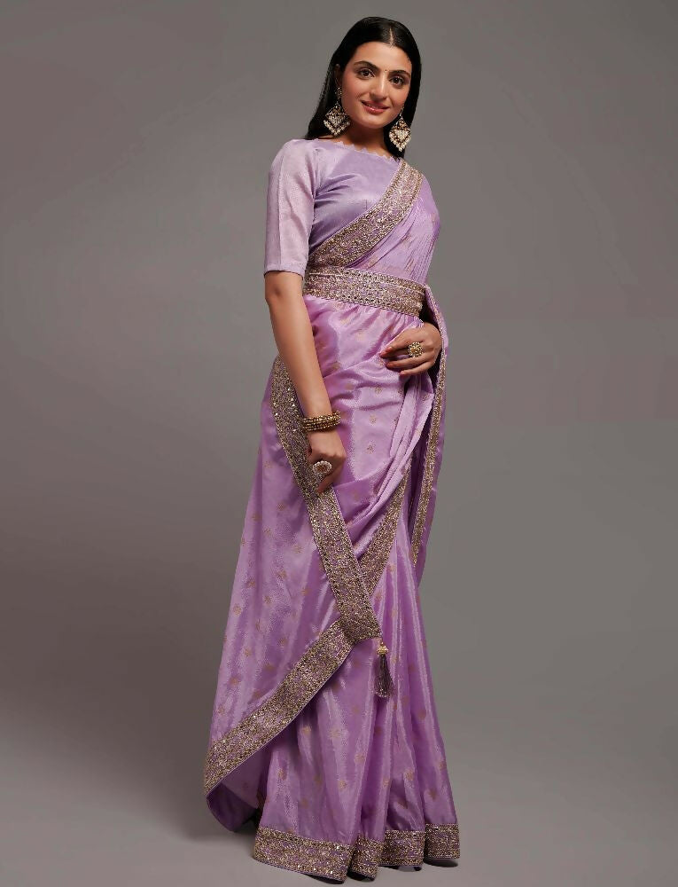 Onion Chinon Silk Saree with Elegant Embroidery Lace Border