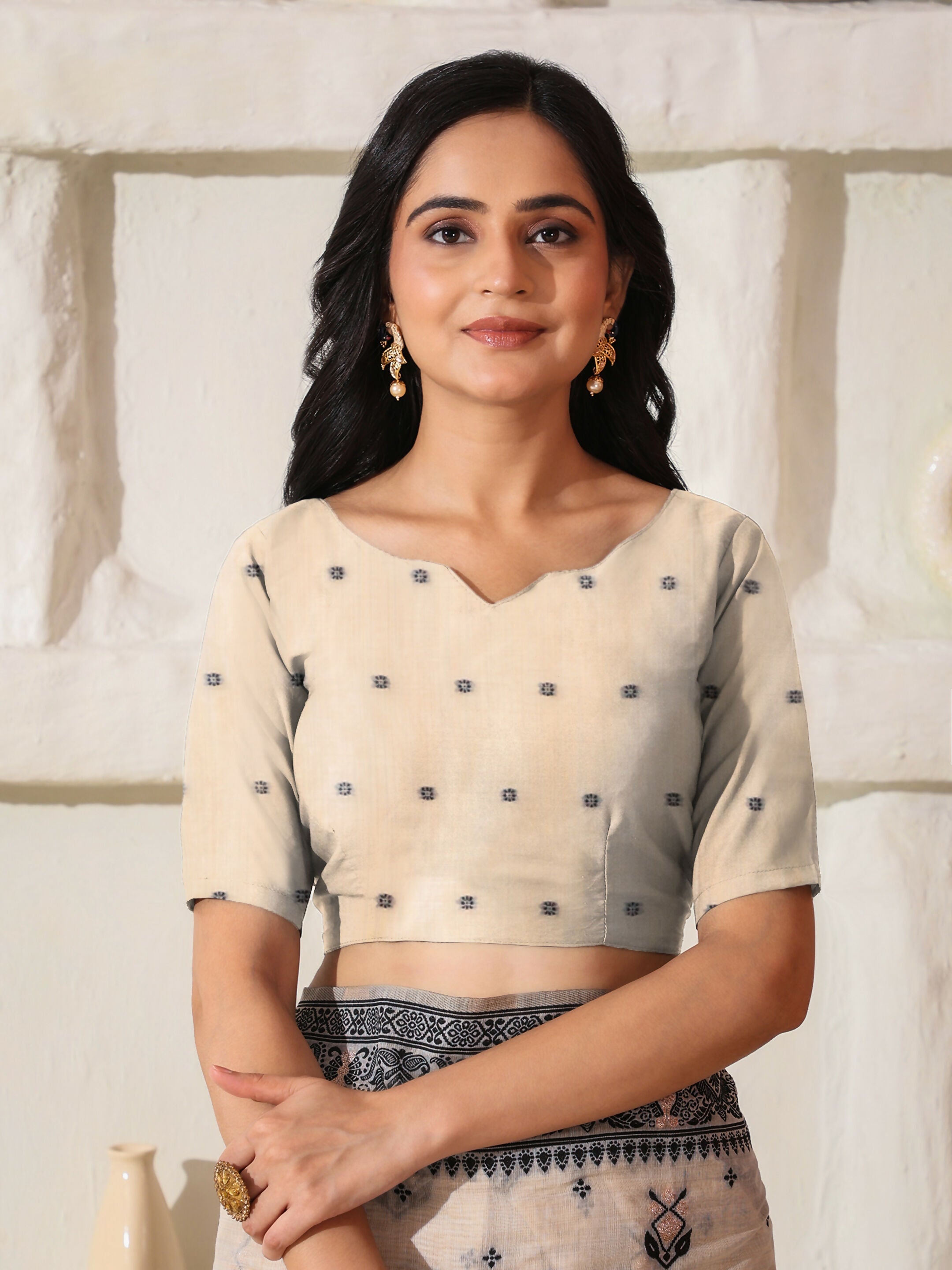 Black and Cream Linen Cotton Saree with Matching Blouse