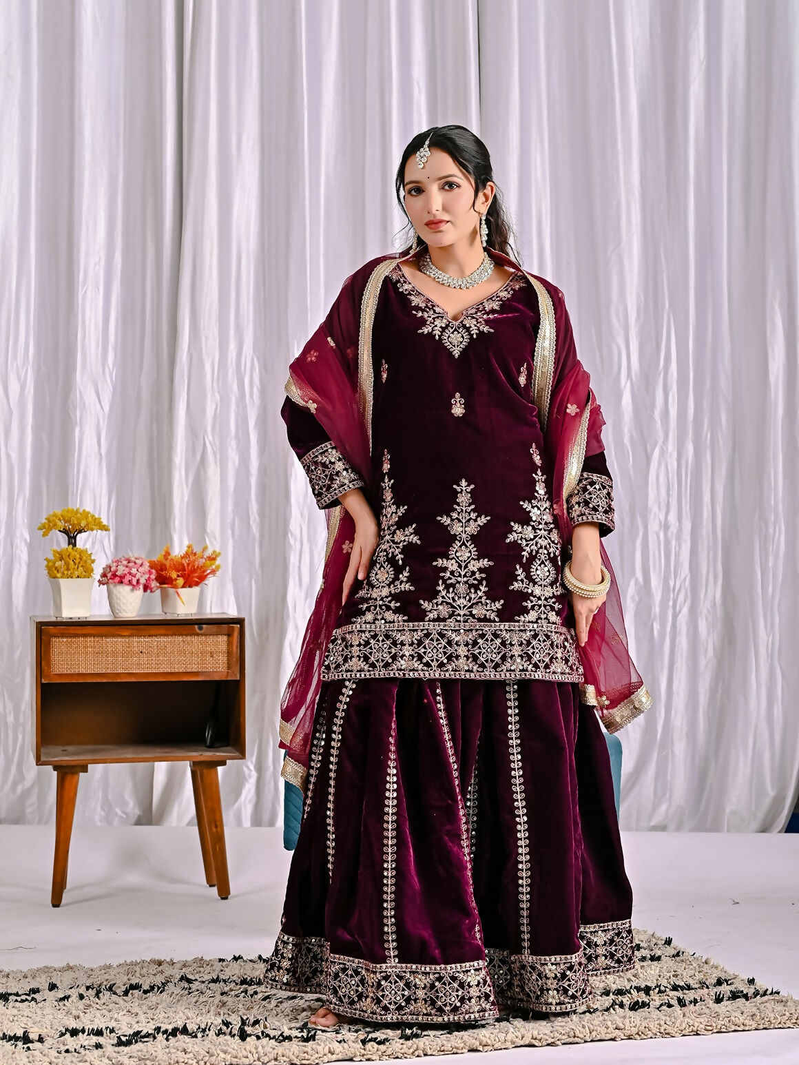 Wine Velvet Kurta Set with Intricate Sequence Embroidery