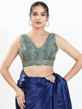 Blue multi-colored silk sleeveless padded blouse with V-neckline