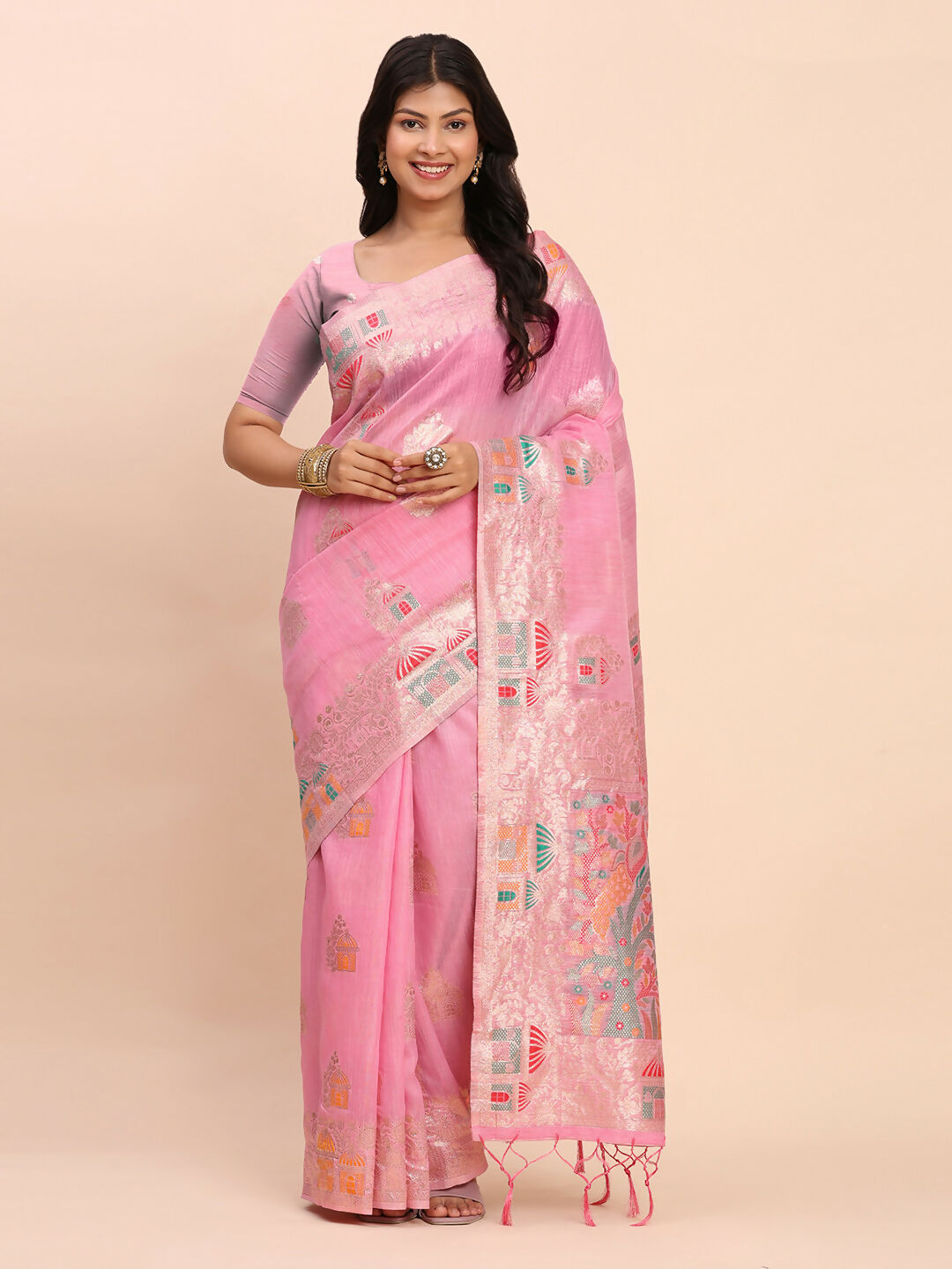 Vibrant pink linen cotton saree with coordinated blouse material