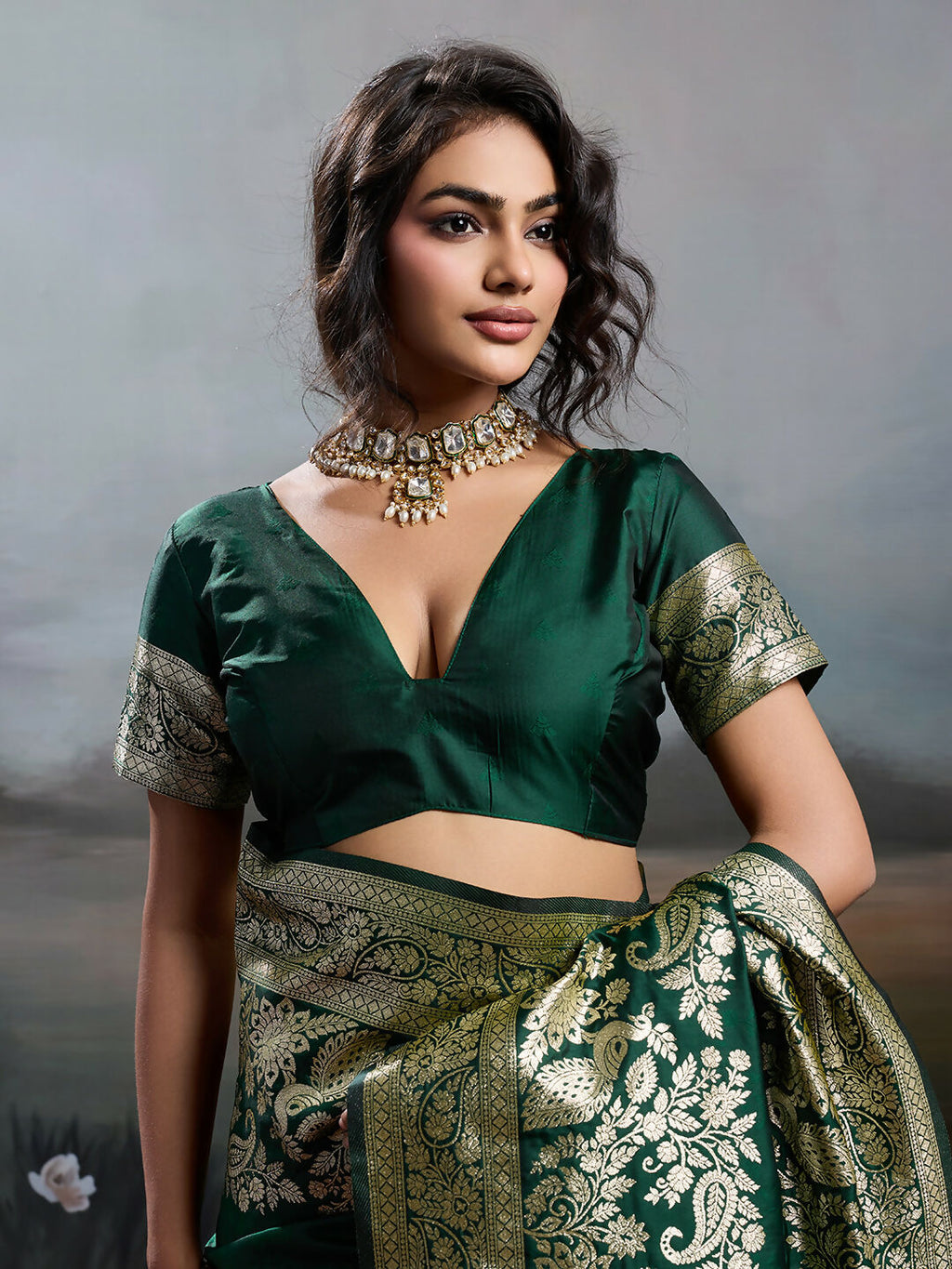 Dark Green Silk Blend Saree with Matching Blouse