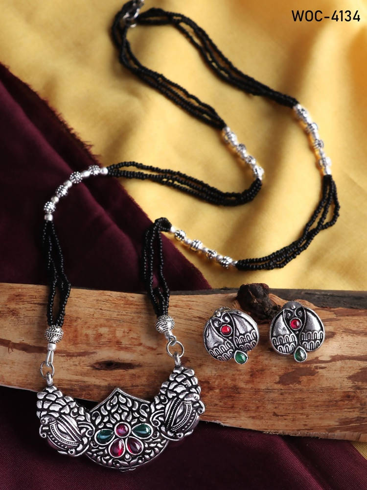 Oxidised Multi Stone Mangalsutra - Bohemian Silver Bead Necklace