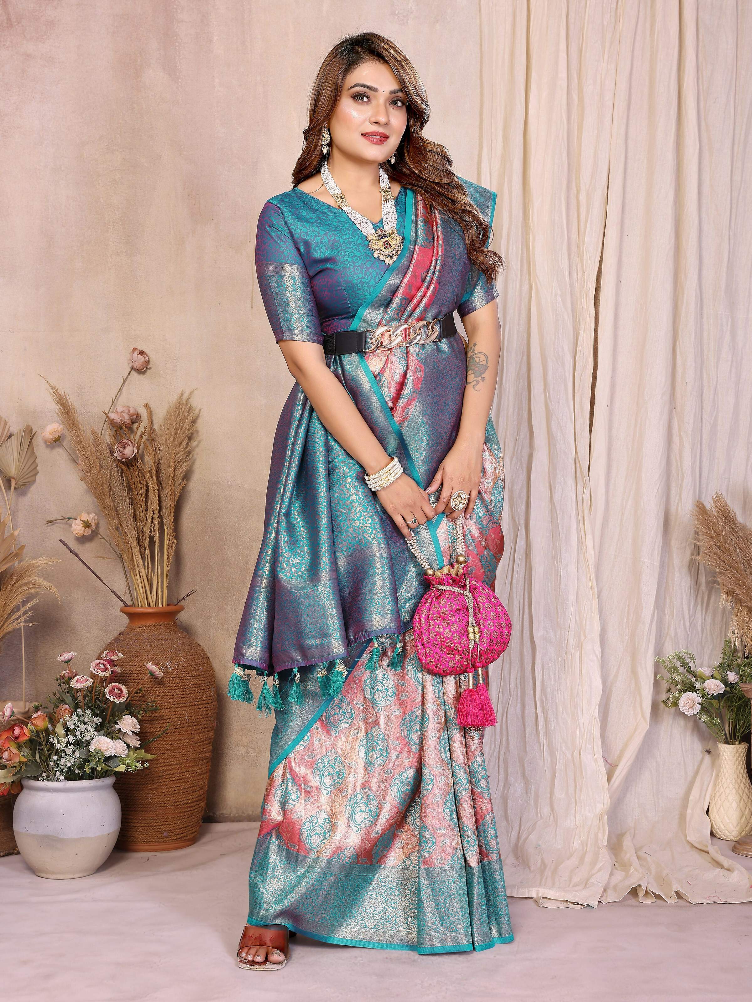 Aqua Banarasi Tissue Silk Weaving Saree