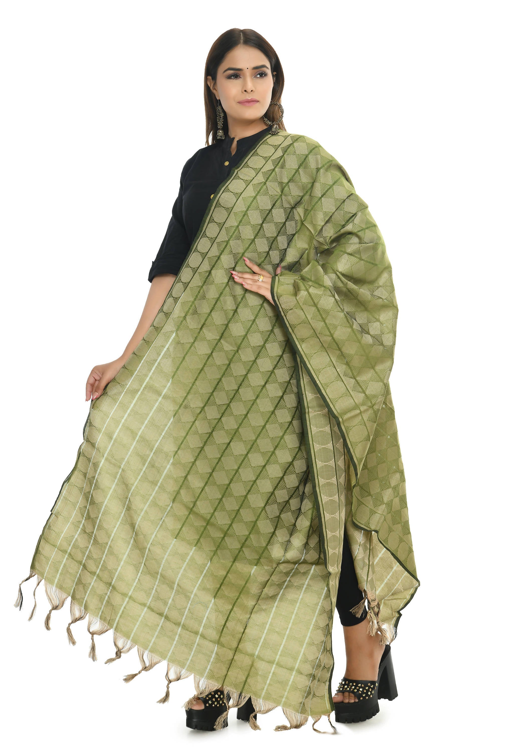 Mehendi Green Handloom Cotton Dupatta - Ethnic Accessory