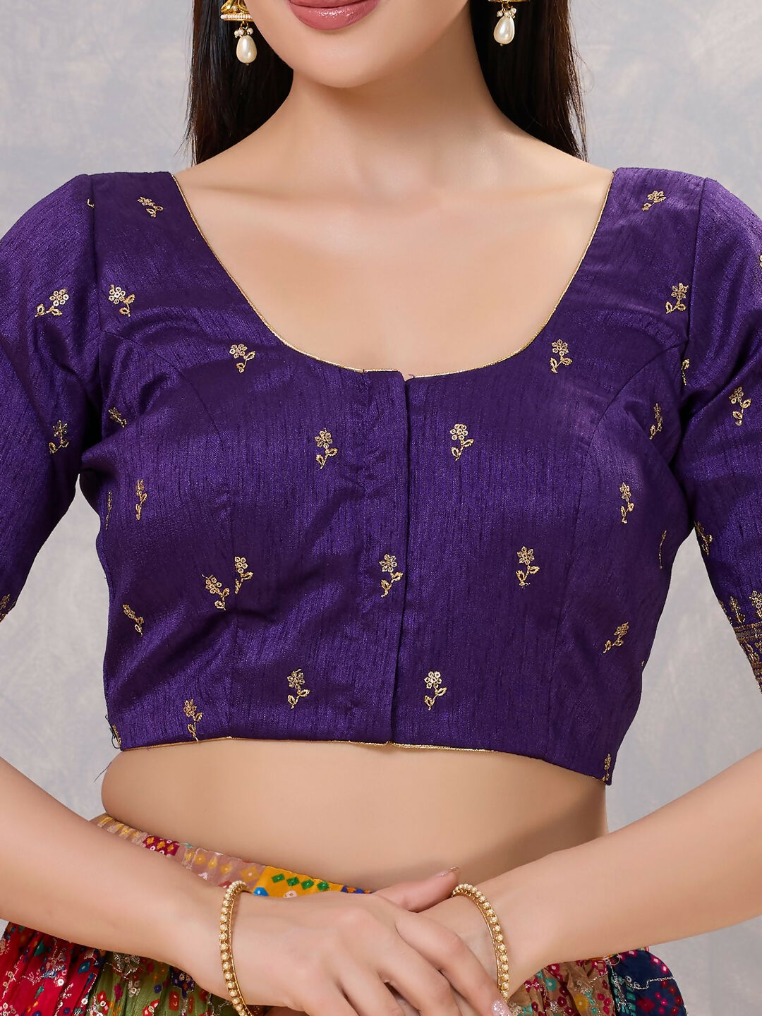 Brinjal Silk Round Neck Stitched Blouse for Sarees