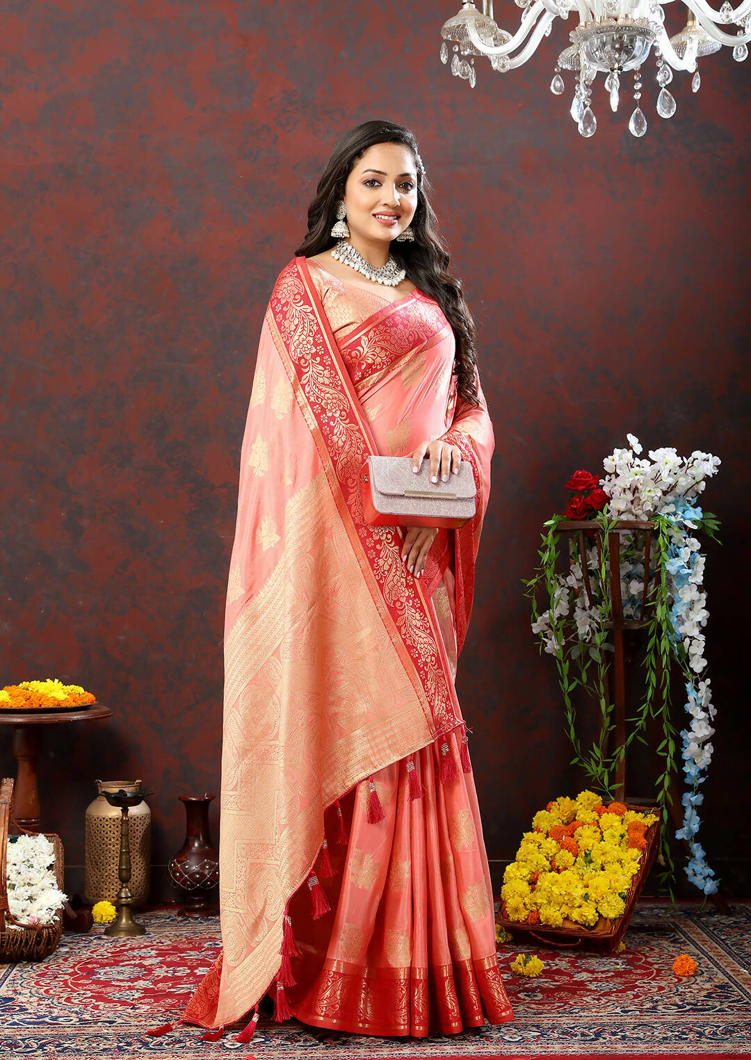 Lorenvalley Fashion Peach Cotton Woven Design with Zari Weaving Design Saree