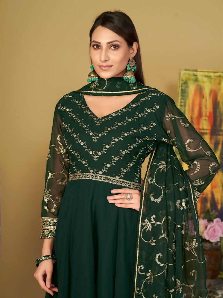 Women's Bottle Green Georgette Embroidered Anarkali Kurta Pant Set