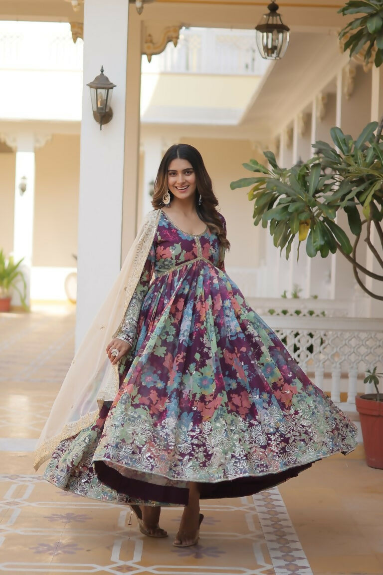Wine Russian Silk Anarkali Dress with Sequins and Zari Embroidery
