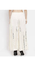 Off White wide-leg palazzo pants featuring subtle mirror work embellishments.