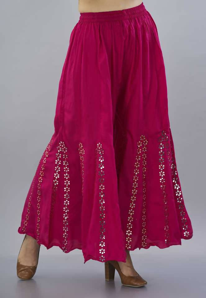 Dark Pink wide-leg palazzo pants with intricate mirror flower work details.