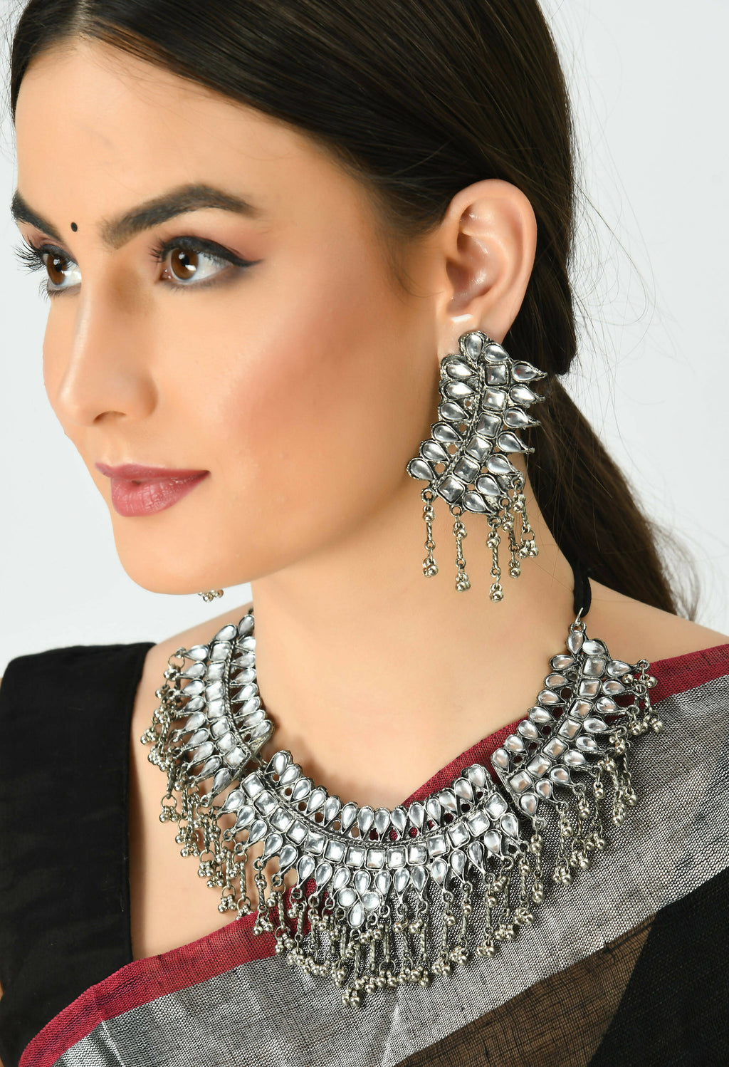 Kundan Oxidised Silver-Plated Brass Necklace for Women