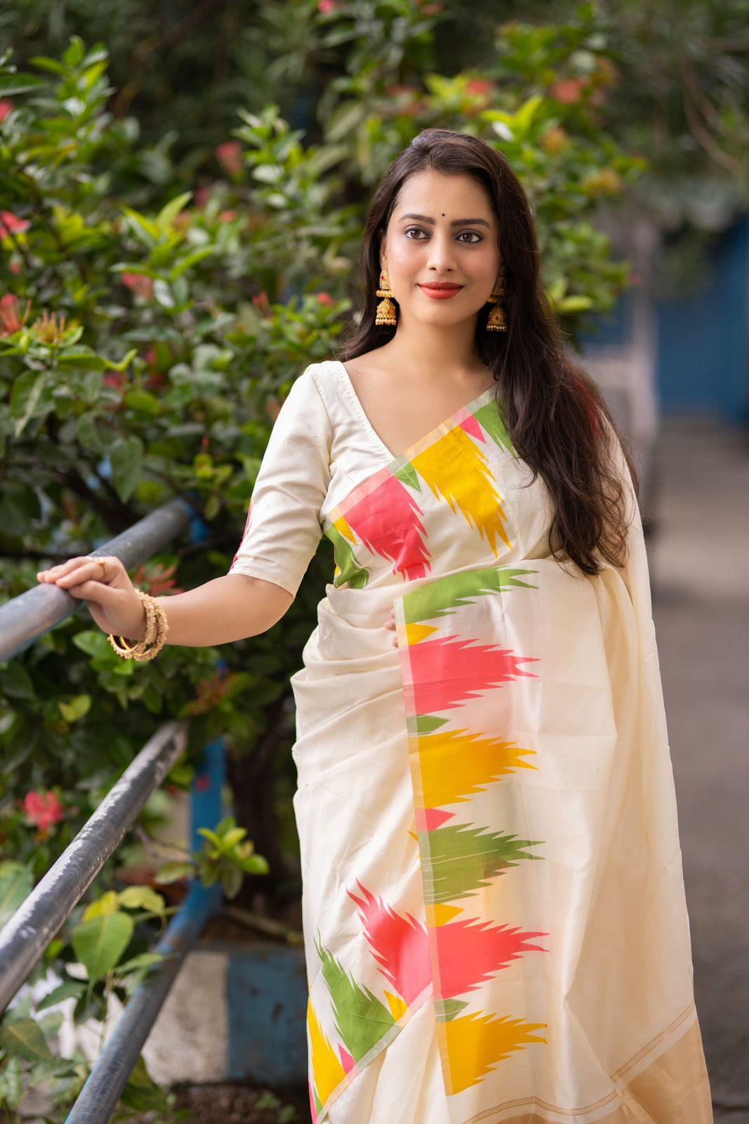 Cream Polycotton Saree with Temple Woven Design and Zari Pallu