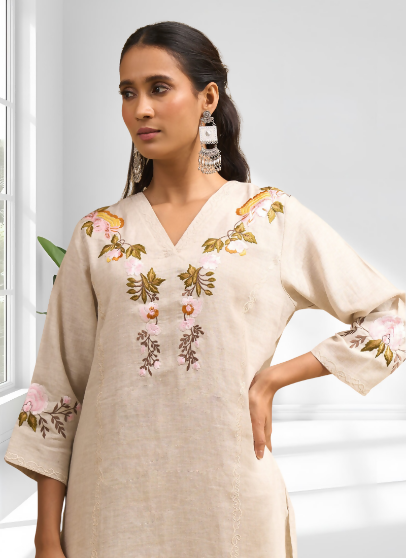 Beige Linen Embroidered Long Kurta With Pant - Festive Ethnic Wear
