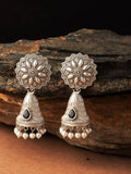Oxidised silver bell jhumka earrings with black stone detailing for girls and women