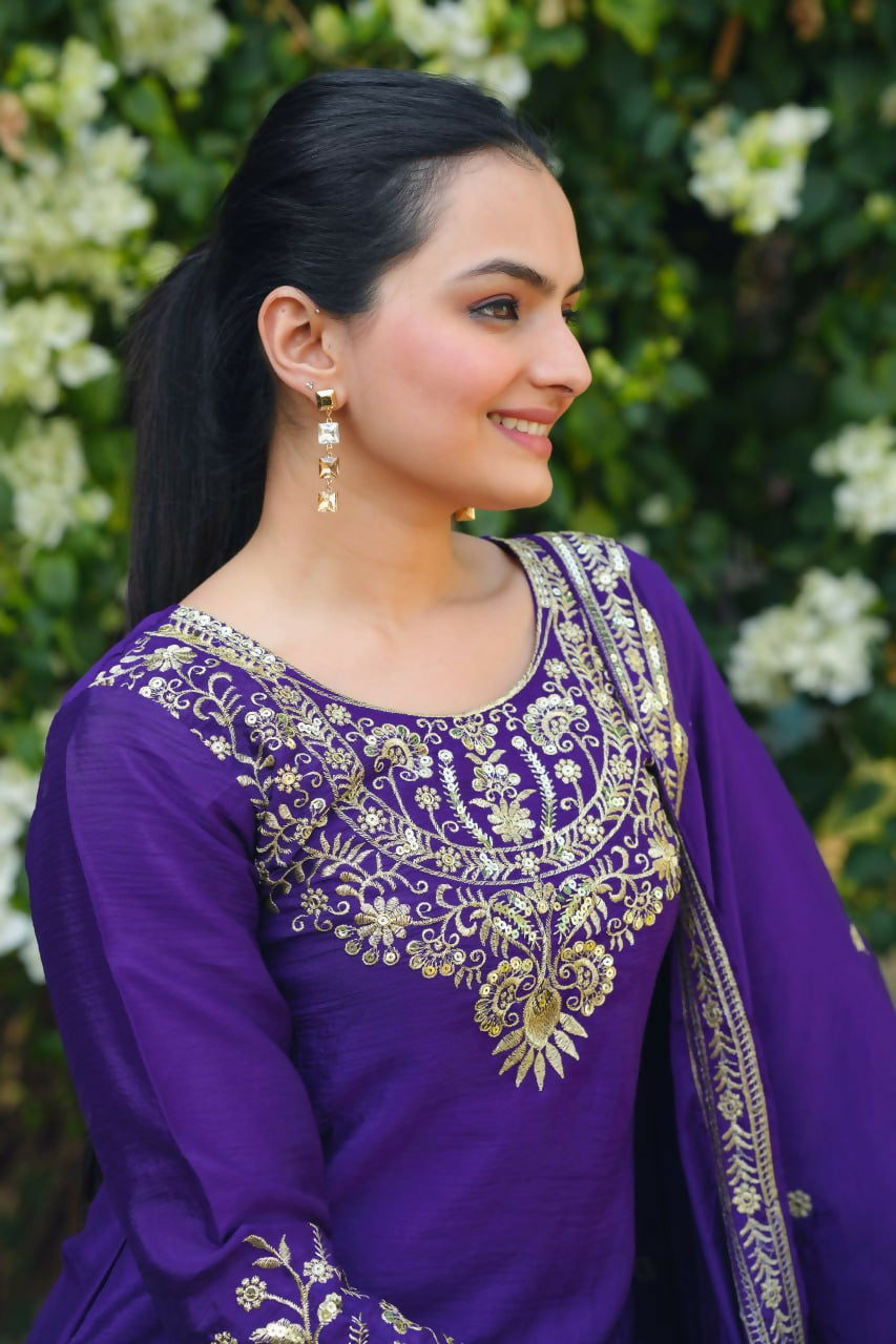 Purple Georgette Embroidered Sharara Set for Ethnic Events