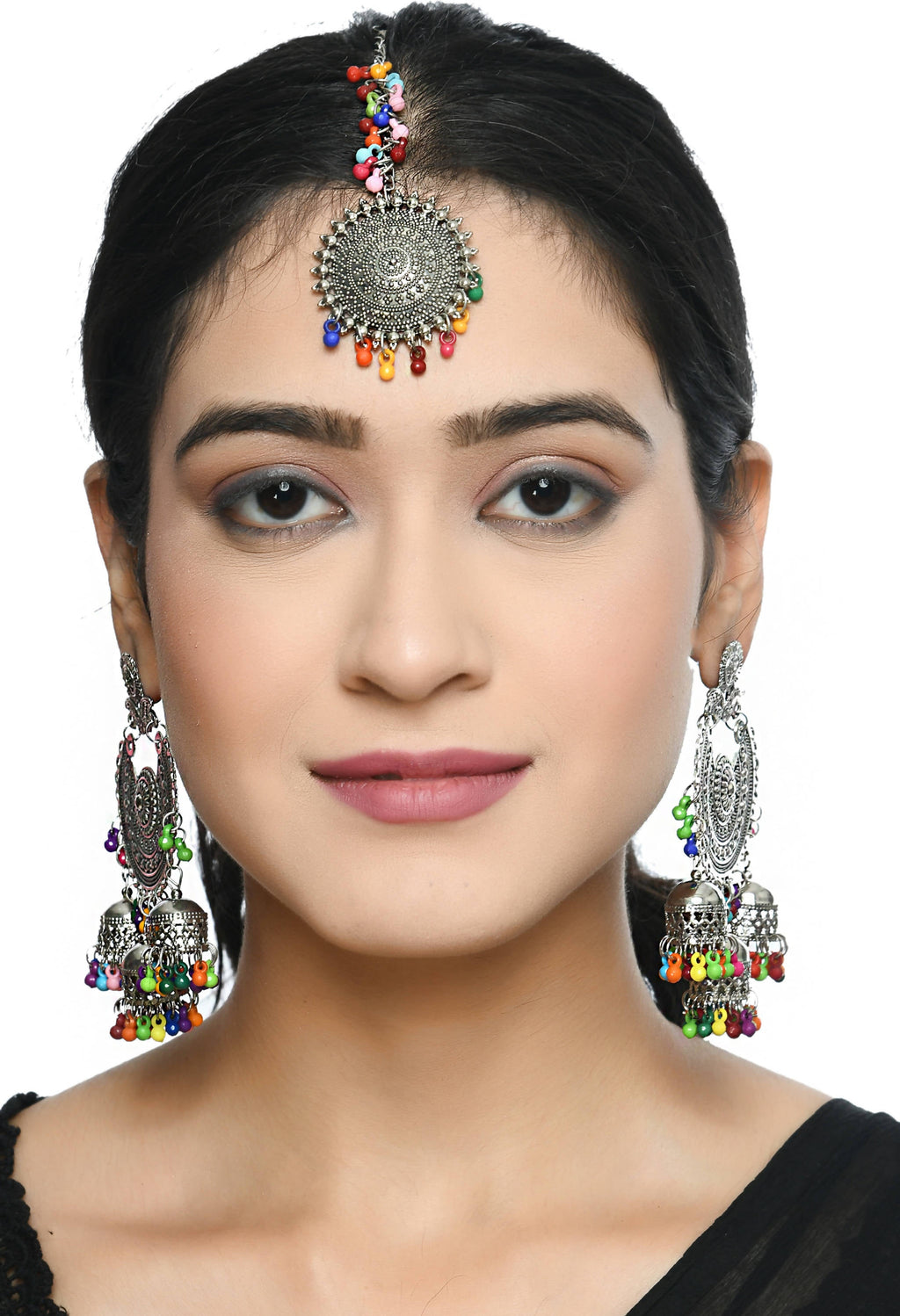 Silver and multicolor traditional jhumka earrings and matching maang tikka