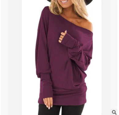 Women's Burgundy Off-Shoulder Long Sleeve Soft Knit T-Shirt - Image 5