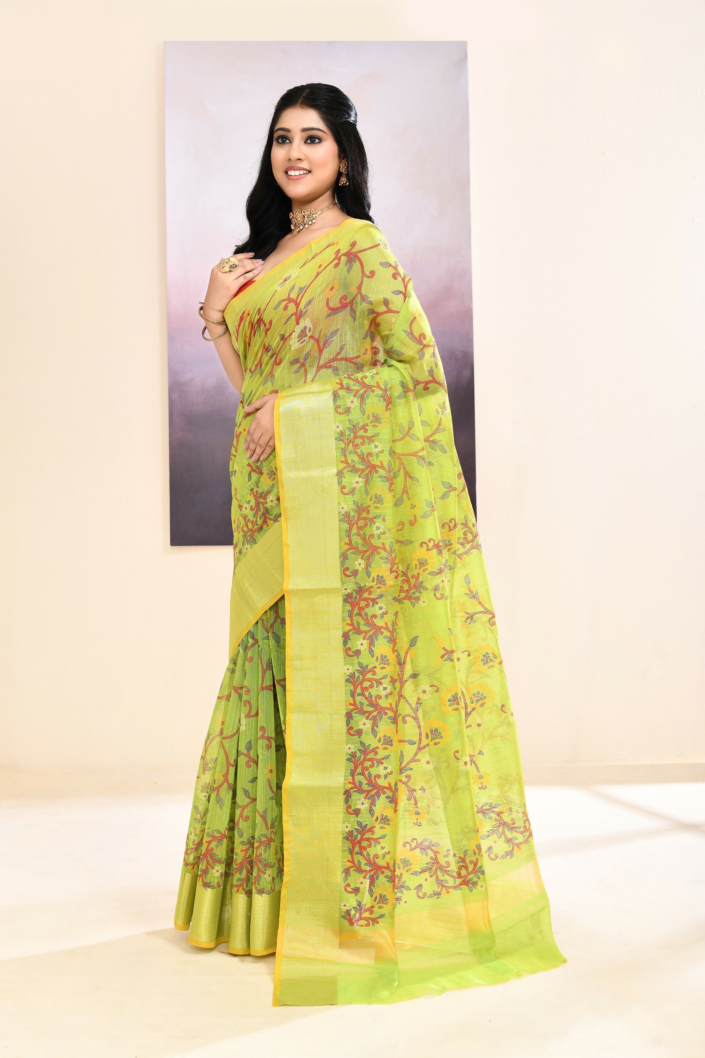 Olive Embellished Cotton Blend Printed Saree for Daily Wear
