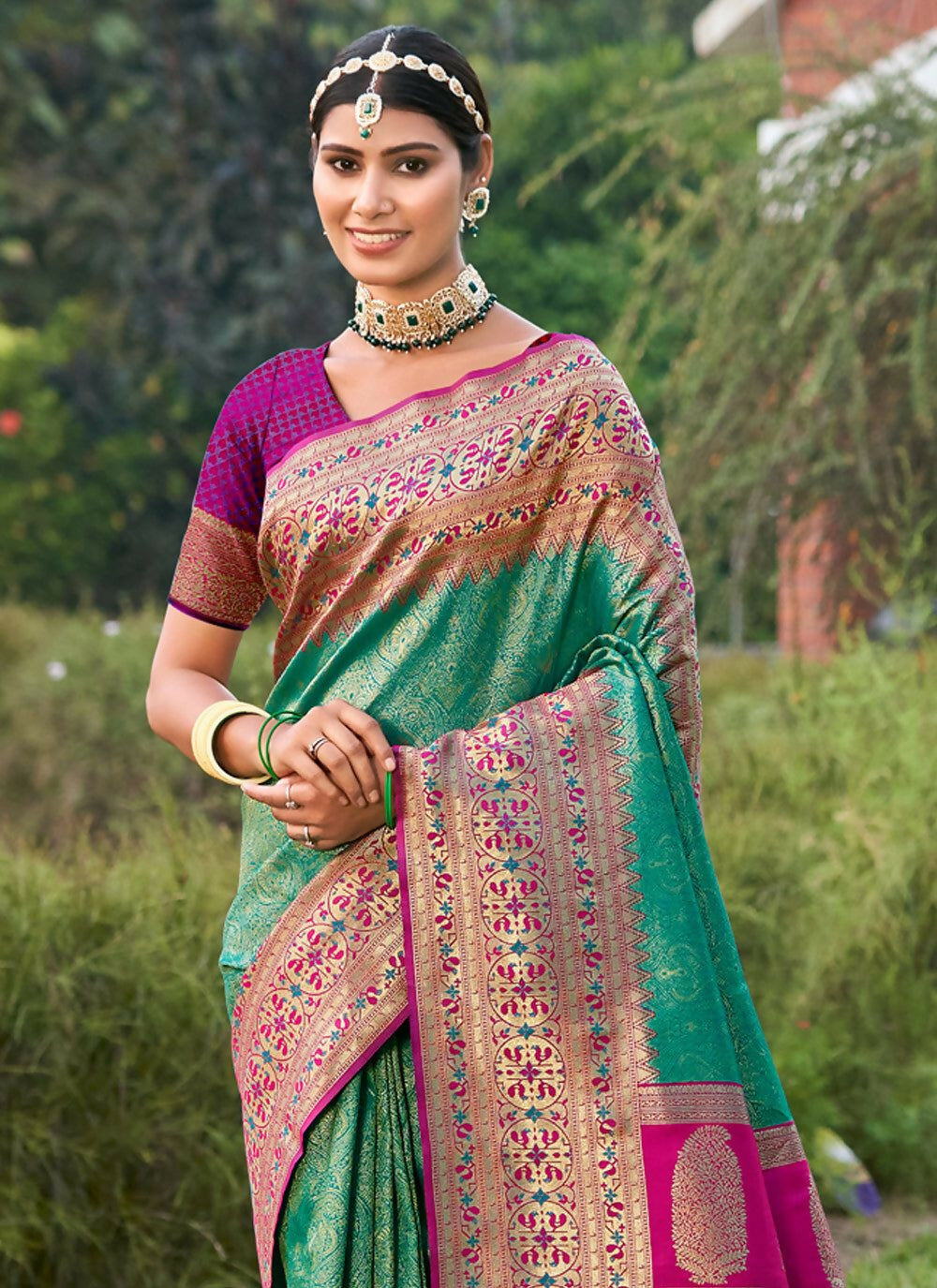 Rama Green Banarasi Silk Saree with Matching Blouse Piece