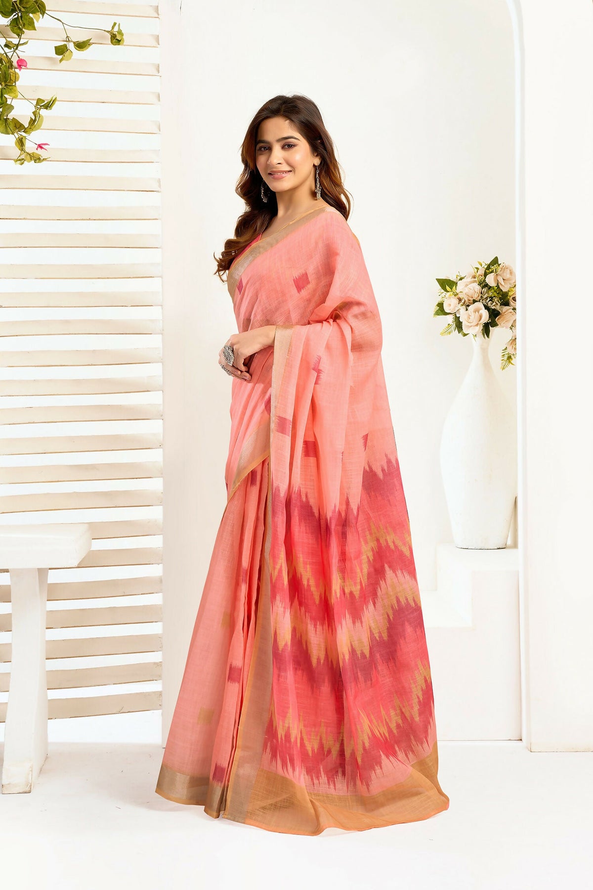 Peach Ikkat Print Linen Ready To Wear Saree with Blouse Piece