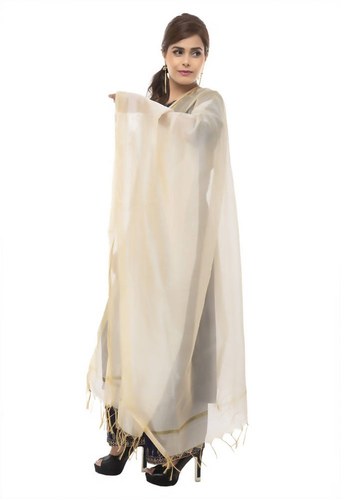 Light Golden Chanderi Silk Dupatta with Traditional Banarsi Piping