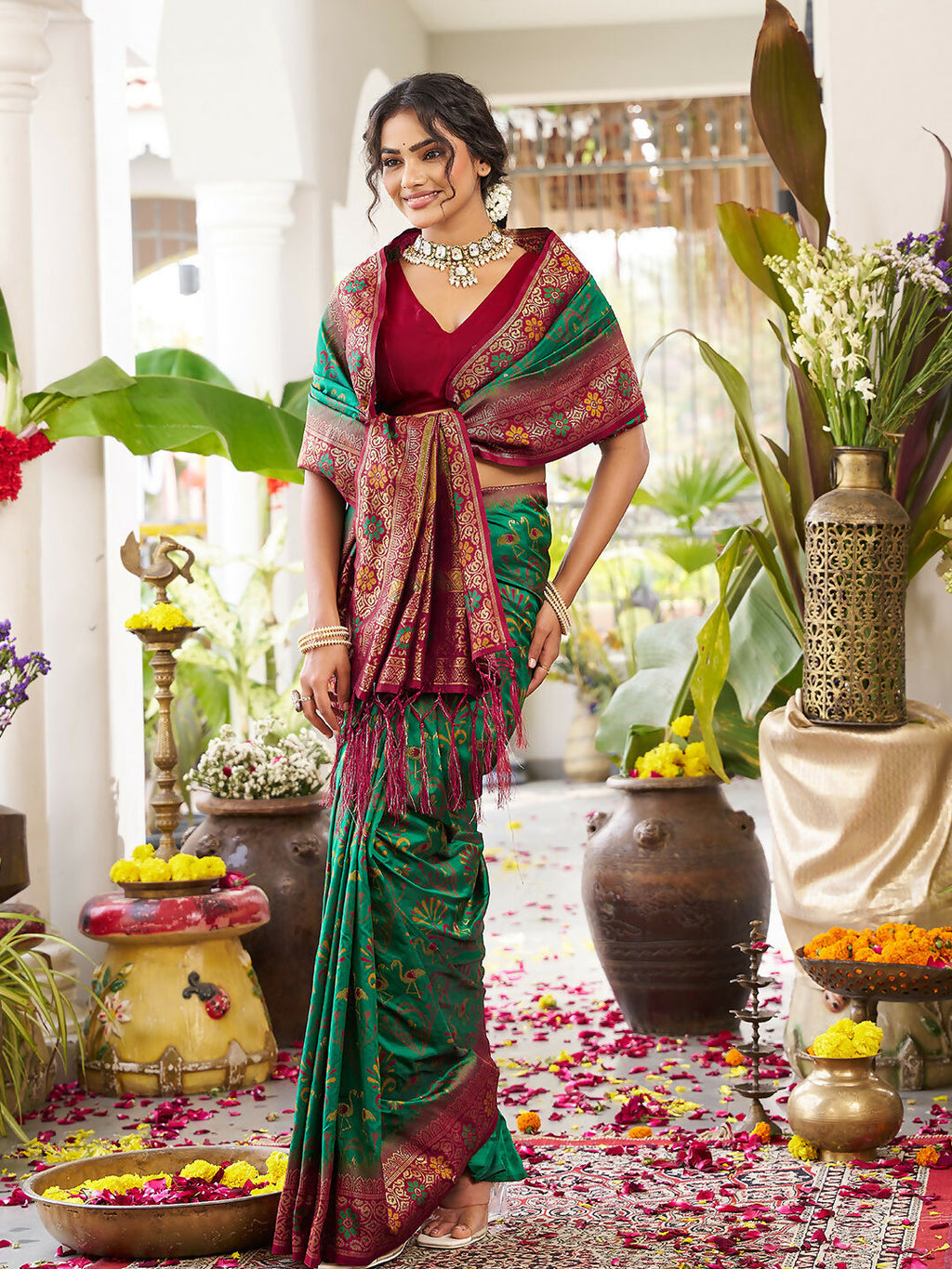 Green Soft Silk Saree with Contrast Maroon Blouse Piece