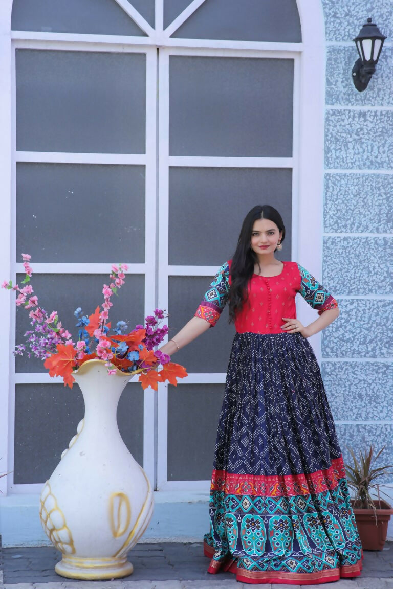 Navy Blue Dola Silk Anarkali Dress with Patola and Foil Print