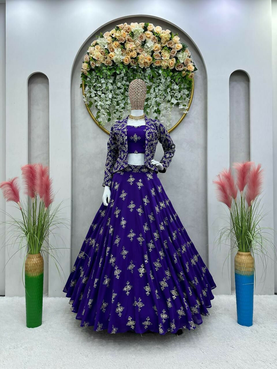 Royal Blue Faux Georgette Sequins Embroidered Lehenga Choli Set