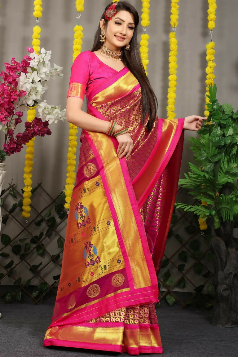 Magenta Banarasi Silk Zari Woven Saree with Pink Blouse