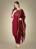Women wearing a maroon straight kurta with embroidery and sequence work, paired with matching trousers and a dupatta.