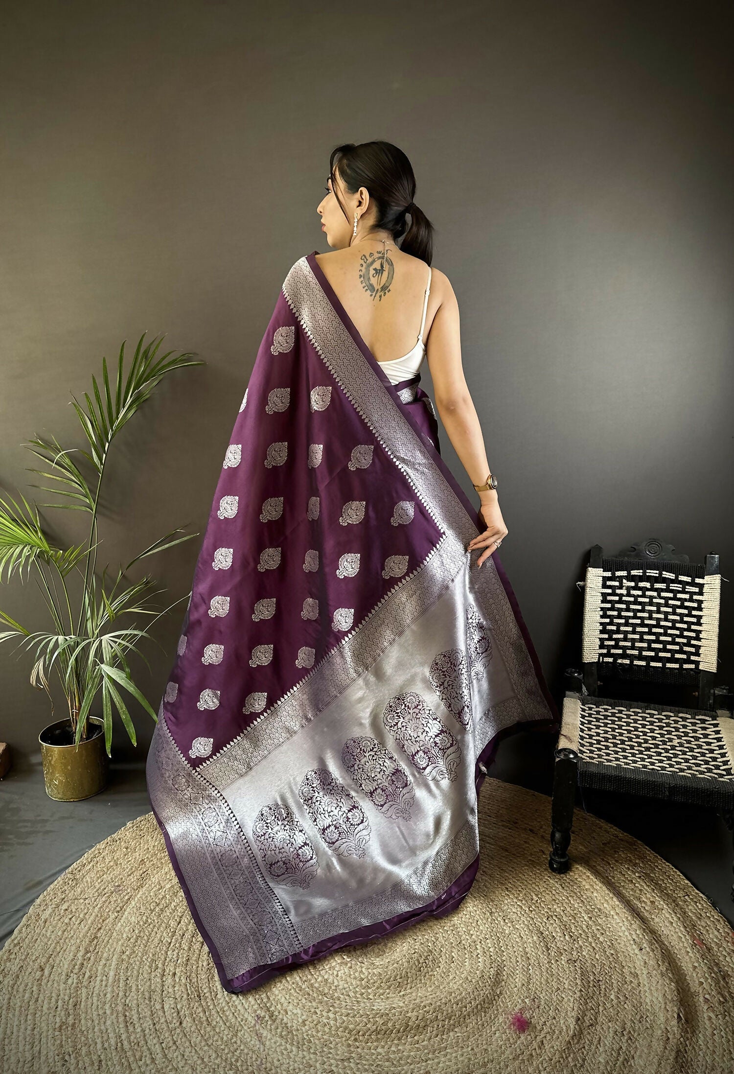 Wine Floral Motif Soft Silk Banarasi Saree with Matching Blouse