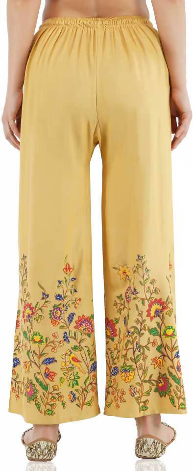 Golden Floral Print Palazzo Pants for Women, 40-Inch Length