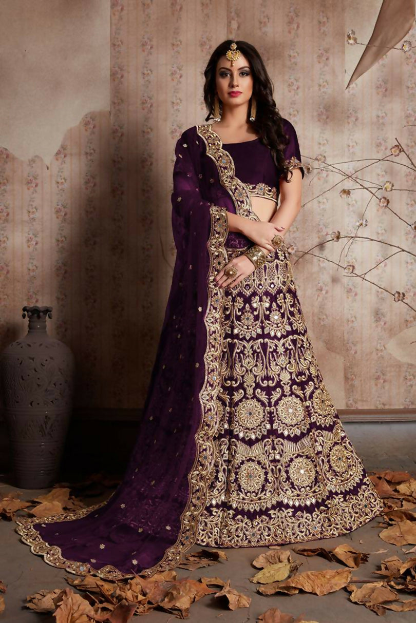 Wine velvet lehenga with sequins and mirror work embroidery