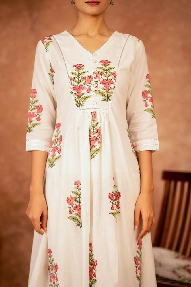 Off White and Pink Hand Block Printed Cotton Suit Set