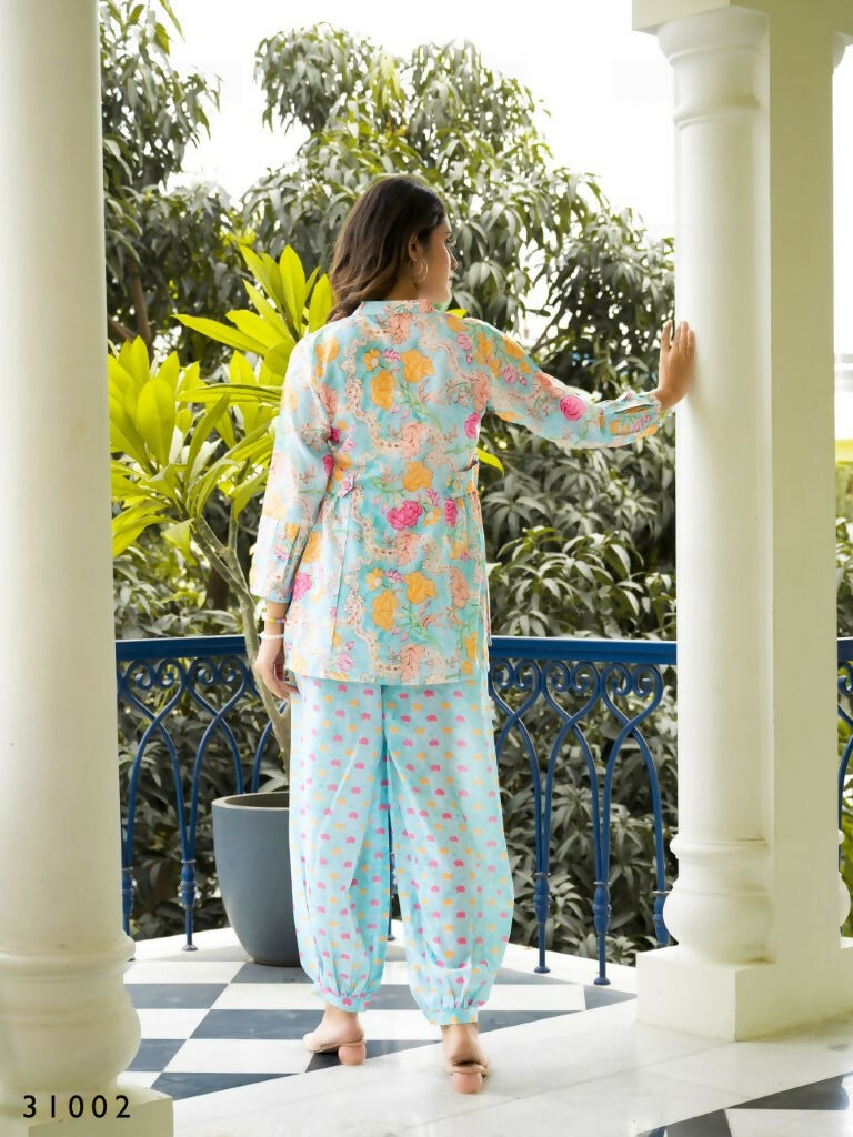 Multi & Sky Muslin Cotton Co-Ord Set - Manya Casual Two-Piece