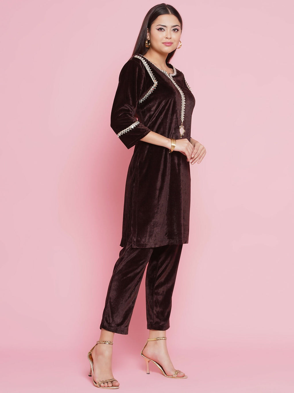 Brown Velvet Coord Set with Hand Embellished Mirror Work