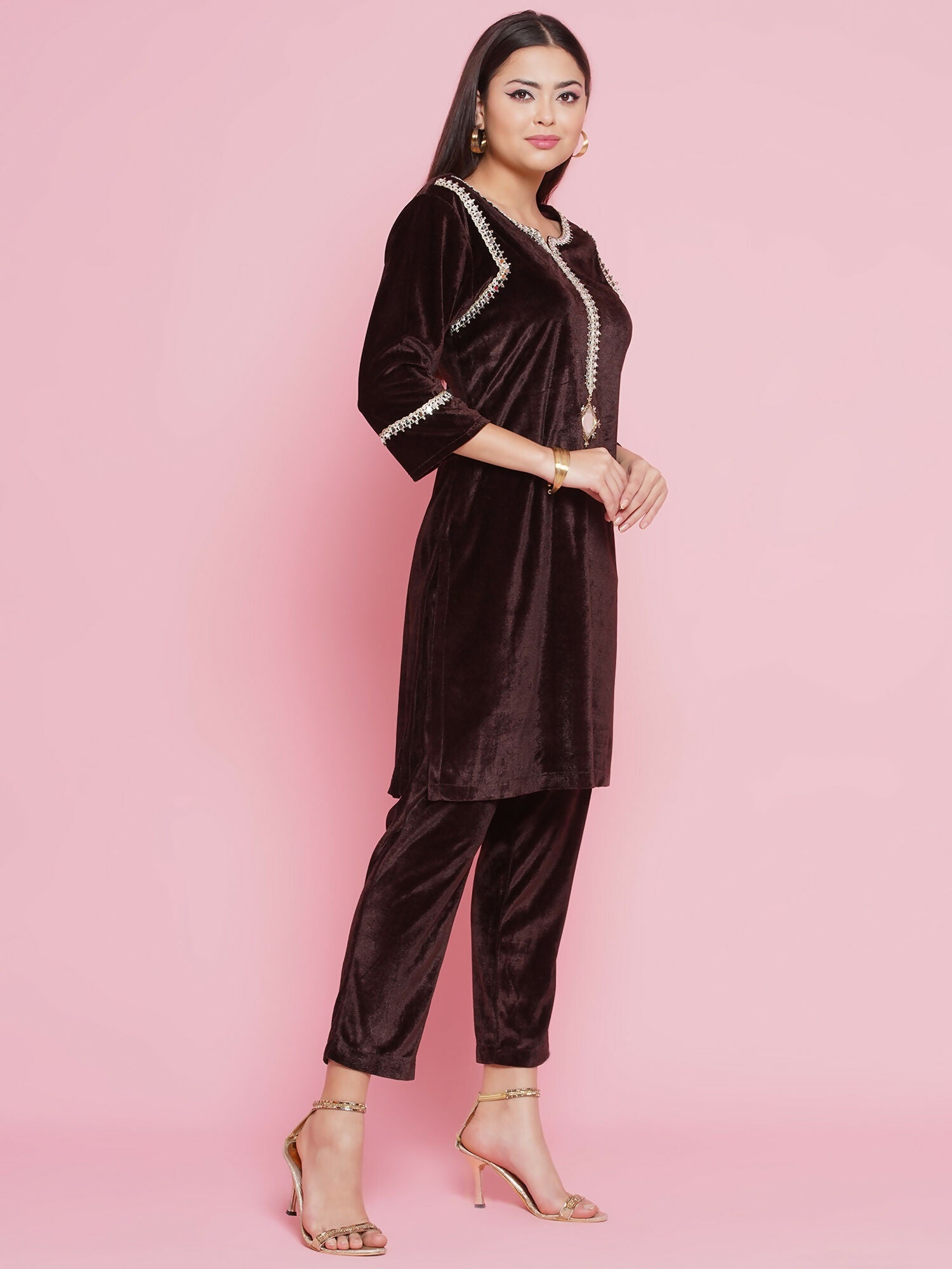 Brown Velvet Coord Set with Hand Embellished Mirror Work
